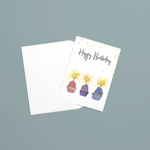 card with cupcakes and happy birthday script on the front