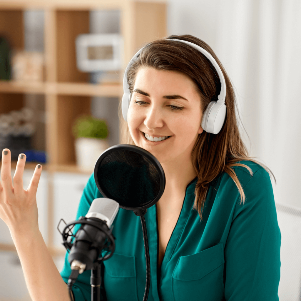 woman talking on podcast